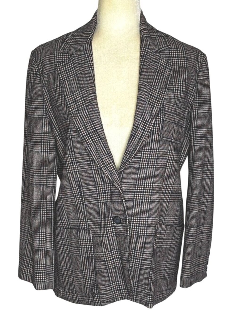 Vintage 70s Houndstooth Plaid Blazer Navy Burgundy Wool Look Tailored Jacket